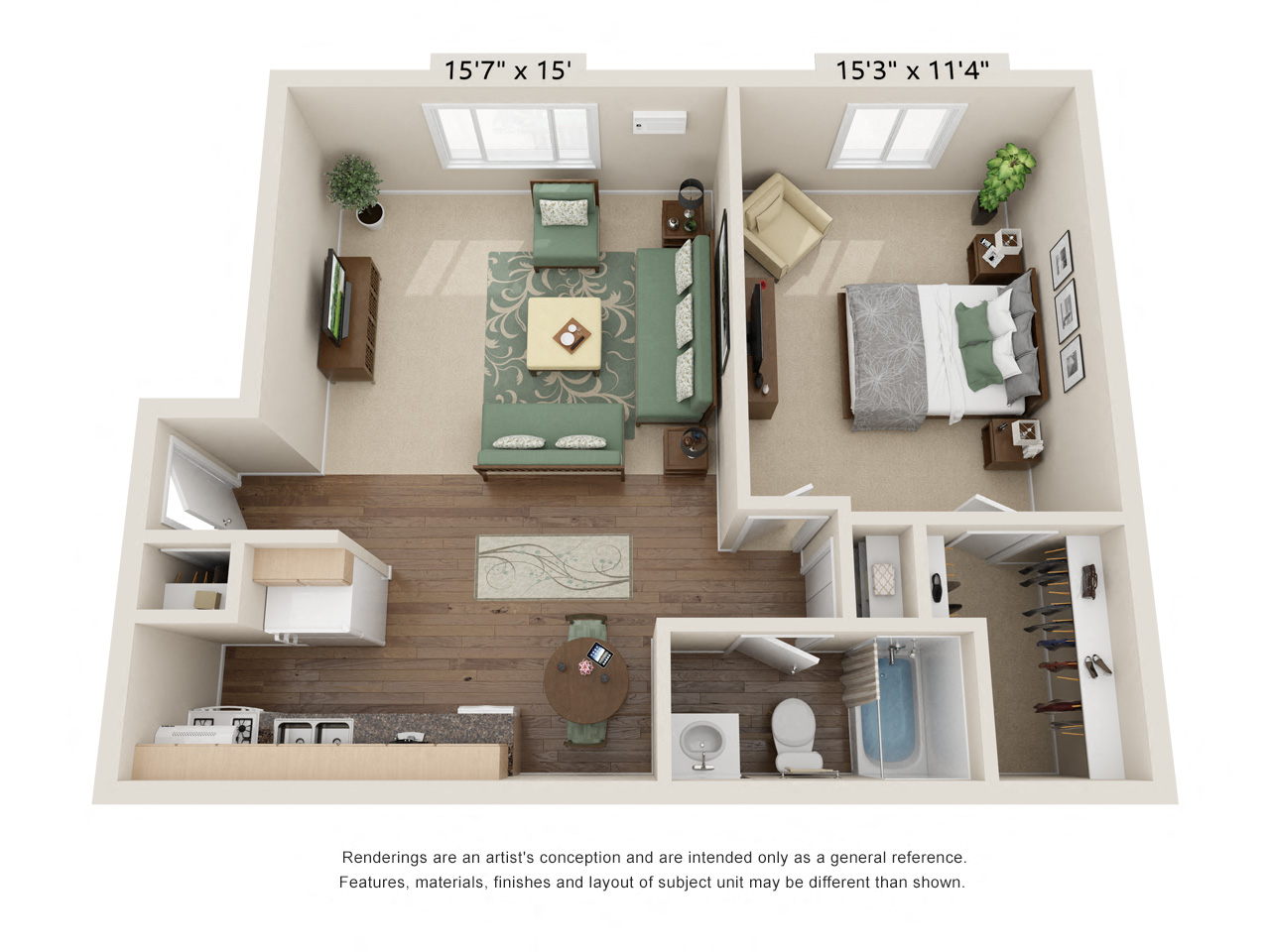 Floor plan for 1 bed, 1 bath, 700 sqft